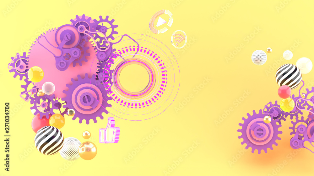 Gear and lasers among colorful balls on a orange background.-3d rendering. Gear and lasers among colorful balls on a orange background.-3d rendering.