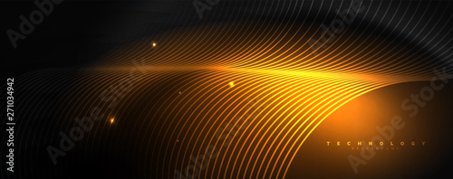 Dark abstract background with bright color neon lights and lines. Glowing background