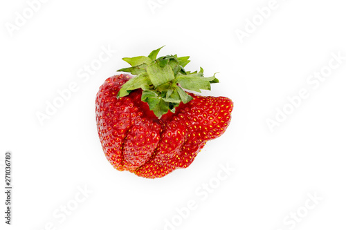 Imperfect Vegetable. Fresh Strawberry. Raw Organic Fruit Closeup Isolated on White. Strage Ugly Vitamin Fruit. Fresh and Delicious Sweet Red Natural Berry. Vegetarian Nutrition Breakfast Ingredient