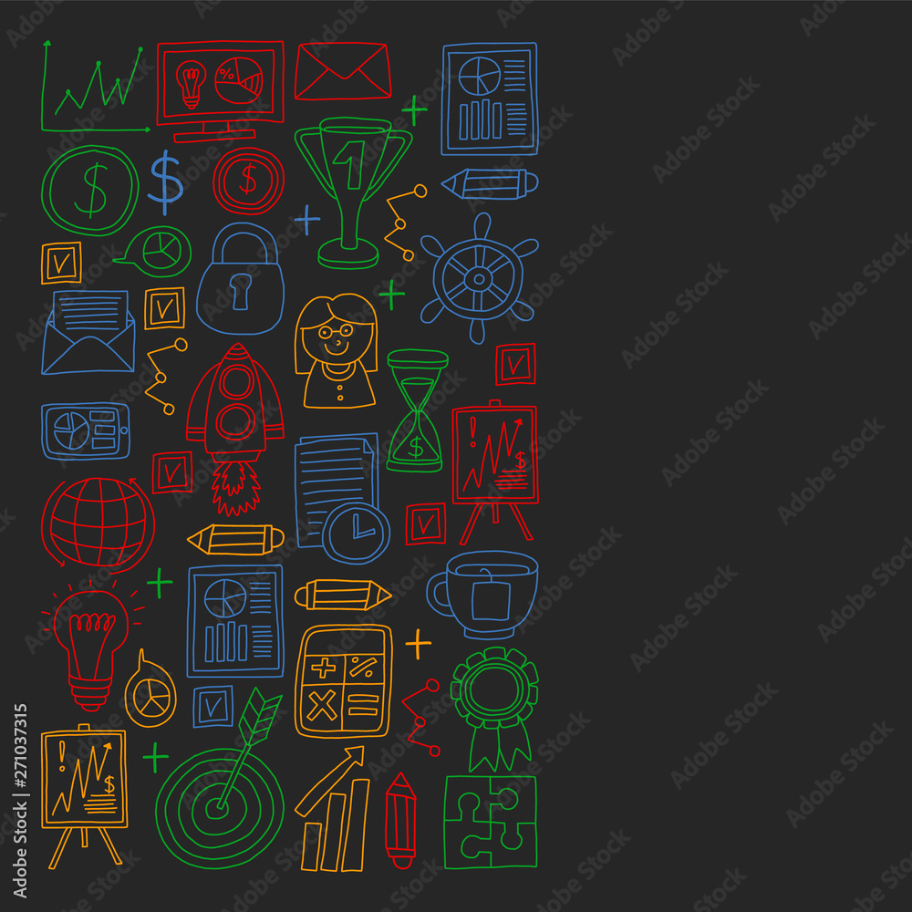 Vector set of bussines icons in doodle style. Colorful pictures on a piece of paper on dark background. Vector set of bussines icons in doodle style. Colorful pictures on a piece of paper on dark background.