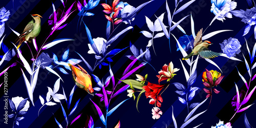 Wide seamless floral background pattern. Rose, waxwing and tropical leaves on dark blue. Hand drawn, stylized version. Vector - stock.