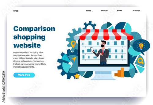 Web page flat design template for comparison shopping with the seller. Business landing page online comparison shopping. Modern vector illustration concept for website and mobile website development