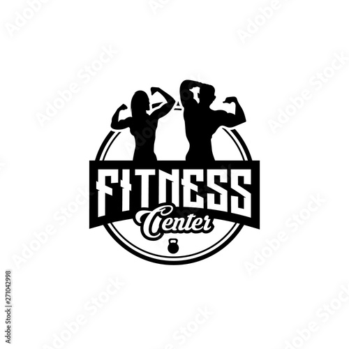 Fitness club designs with exercising athletic man and woman isolated on white, vector illustration