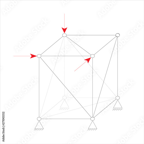 Vector illustration of a 3D spatial truss with pinned supports and a roller support. Simple drawing construction isolated on white background. Truss Force Diagram. Engineering graphic.