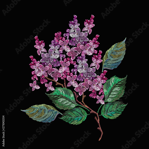 Embroidery beautiful blossoming lilac flowers bouquet. Fashion template for clothes, textiles, t-shirt design. Spring art