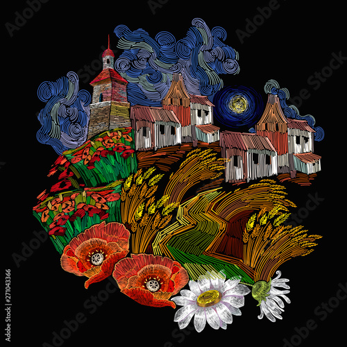 Embroidery. Rural landscape. Painting expressionism style. Village in wheat fields. Template for clothes, t-shirt design