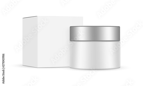 Cosmetic jar with metal cap and square box mockup, isolated on white background. Vector illustration