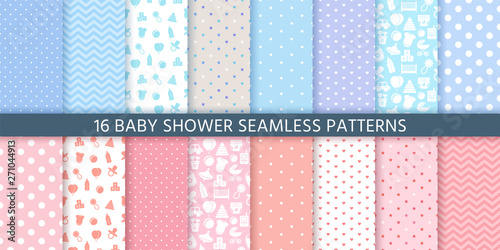 Baby pattern seamless. Baby girl and boy shower backgrounds. Vector. Set blue pink pastel patterns for invitation, invite templates, cards, birth party, scrapbook. Color illustration.