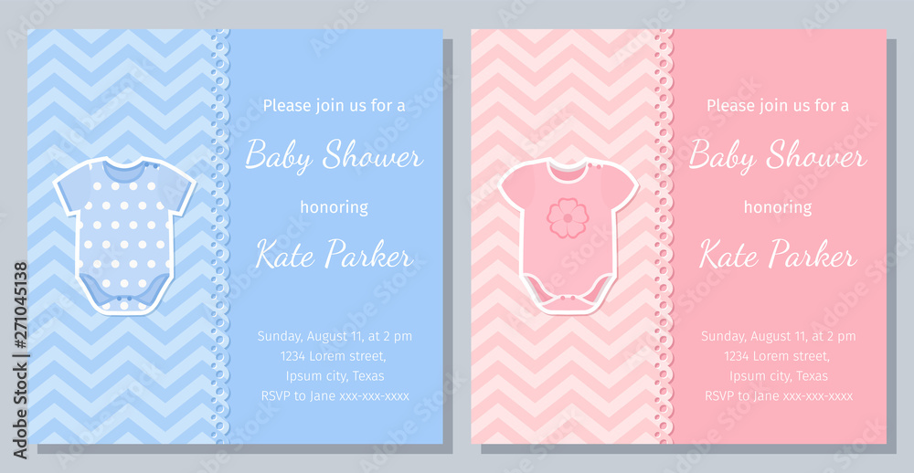 Baby Shower card. Vector. Baby boy, girl invite. Welcome template invitation banner. Cute blue, pink design. Birth party background. Happy greeting holiday poster with onesie. Flat illustration.