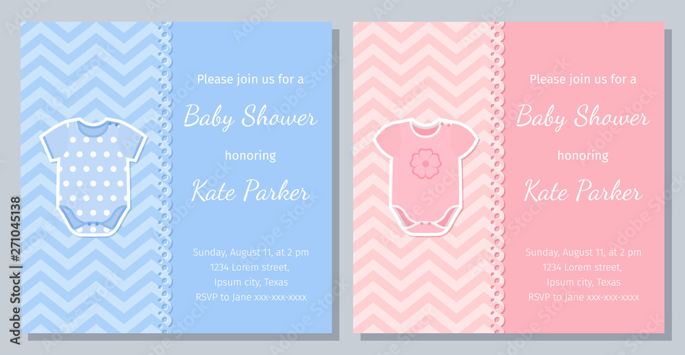 Baby Shower card. Vector. Baby boy, girl invite. Welcome template invitation banner. Cute blue, pink design. Birth party background. Happy greeting holiday poster with onesie. Flat illustration. Baby Shower card. Vector. Baby boy, girl invite. Welcome template invitation banner. Cute blue, pink design. Birth party background. Happy greeting holiday poster with onesie. Flat illustration.