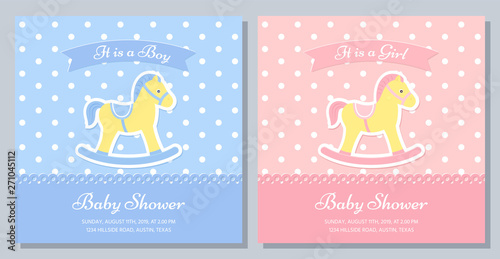 Baby Shower card. Vector. Baby invitation banner. Welcome boy, girl template invite. Birth party background with rocking horse. Happy greeting holiday poster. Blue pink design. Flat illustration