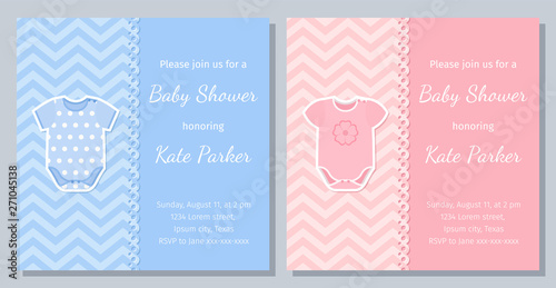 Baby Shower card. Vector. Baby boy, girl invite. Welcome template invitation banner. Cute blue, pink design. Birth party background. Happy greeting holiday poster with onesie. Flat illustration.