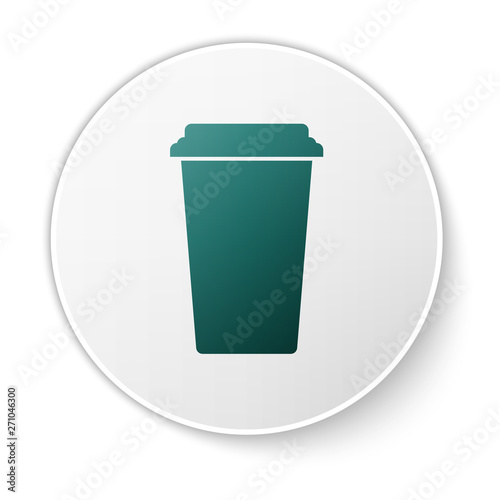 Green Coffee cup icon isolated on white background. Disposable coffee cup with hot coffee. Green circle button. Vector Illustration