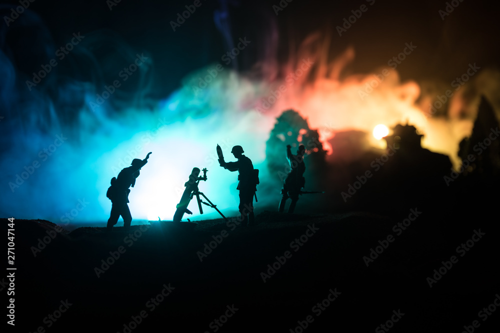 War Concept. Military silhouettes fighting scene on war fog sky background,