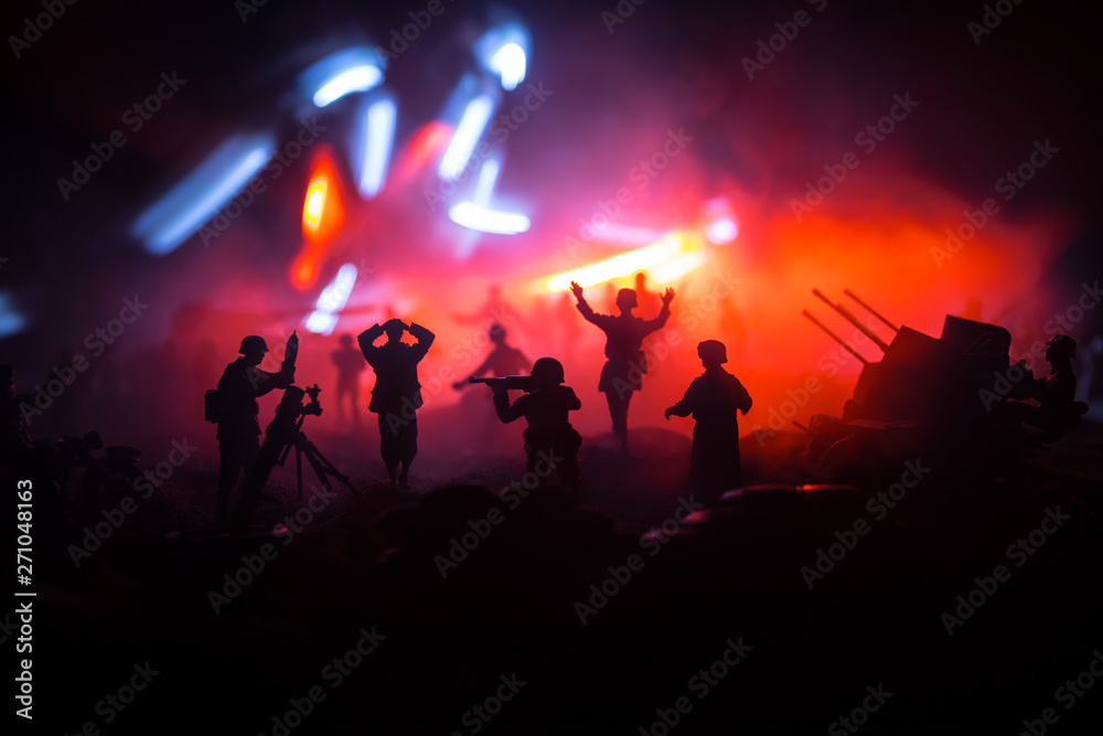 War Concept. Military silhouettes fighting scene on war fog sky background,