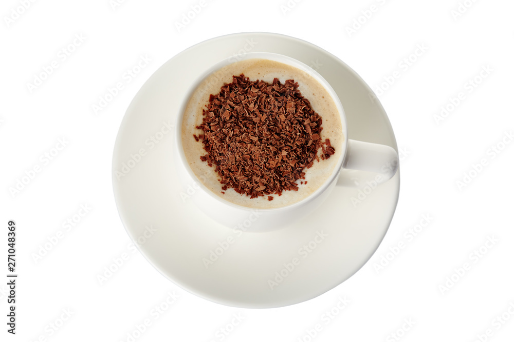 Coffee Cappuccino or Latte with chocolate isolated on white. Top view Coffee Cappuccino or Latte with chocolate isolated on white. Top view