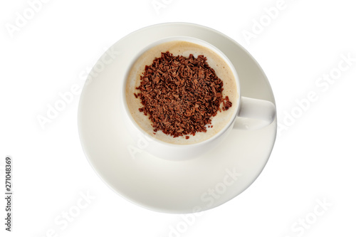 Coffee Cappuccino or Latte with chocolate isolated on white. Top view