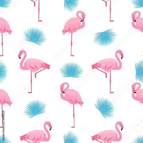 Flamingo and palm leaf. Summer tropical seamless pattern. Used for design surfaces, fabrics, textiles, packaging paper, wallpaper