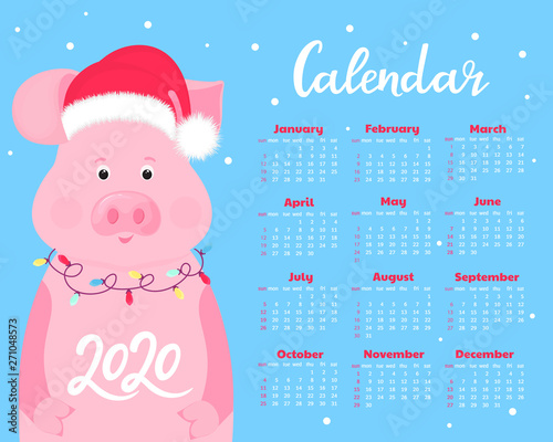 Calendar for 2020. Week start on Sunday. Cute pig in a hat of Santa Claus with a garland