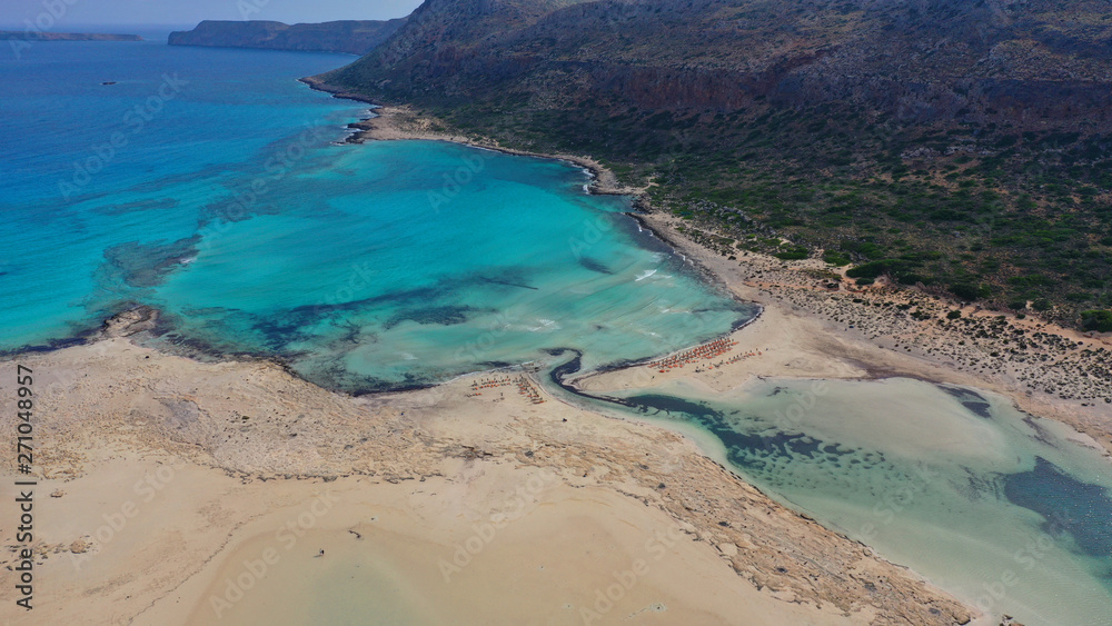 Obraz premium Aerial drone bird's eye view photo of tropical caribbean paradise bay and lagoon with white sandy beach and turquoise clear sea