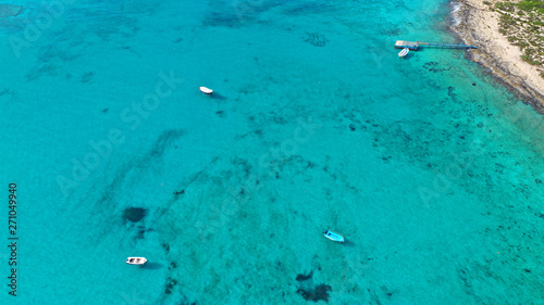 Aerial drone panoramic view of iconic azure turquoise Balos beach lagoon near Gramvousa island and pure white sand  North West Crete island  Greece
