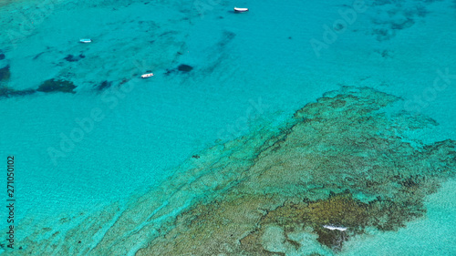 Aerial drone panoramic view of iconic azure turquoise Balos beach lagoon near Gramvousa island and pure white sand  North West Crete island  Greece