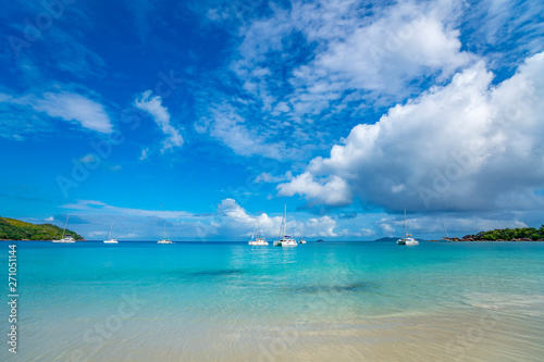 Beautiful sandy beach with turquoise sea on Seychelles.