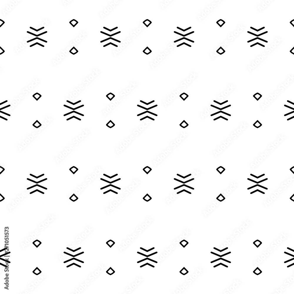 Minimalist design for printing on fabric, textiles. Geometric motif. One color - white on black. Seamless pattern. Vector illustration