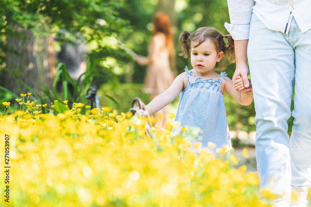 Cute Little Girl Walking in a Field of Yellow Flowers. Cute Little Girl Walking in a Field of Yellow Flowers.