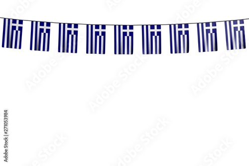 cute independence day flag 3d illustration. - many Greece flags or banners hanging on rope isolated on white