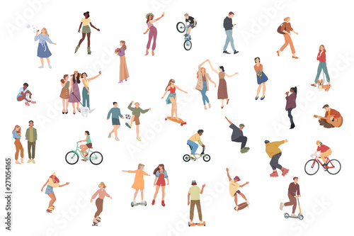 People. Summer outdoors activities. Walking, Riding bicycle, playing, skateboarding. Group of children, boys and girls, male and female cartoon characters