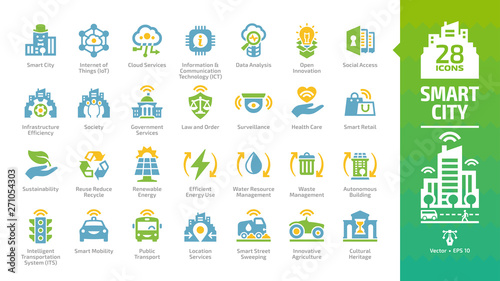 Smart city color icon set with infrastructure efficiency tech, future digital urban, autonomous building, information & communication technology ICT, data analysis and more glyph sign.