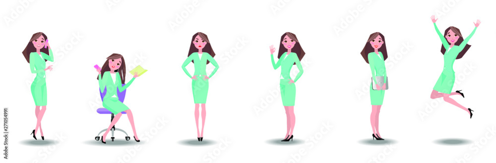 Vector illustration in a flat style .Set of a young woman in casual office dress code clothes in different poses. A character for your project. 