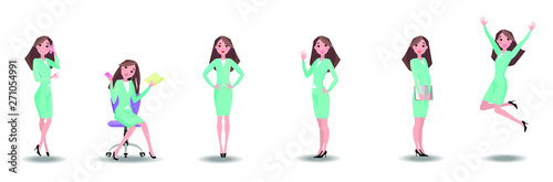 Vector illustration in a flat style .Set of a young woman in casual office dress code clothes in different poses. A character for your project. 