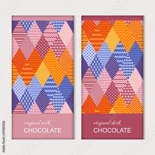 Chocolate bar packaging. Trendy template with patchwork pattern. Vector design.