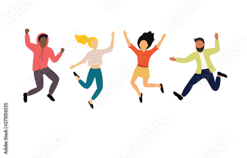Group of young happy dancing people or male and female dancers isolated on white background. Smiling young men and women enjoying dance party.