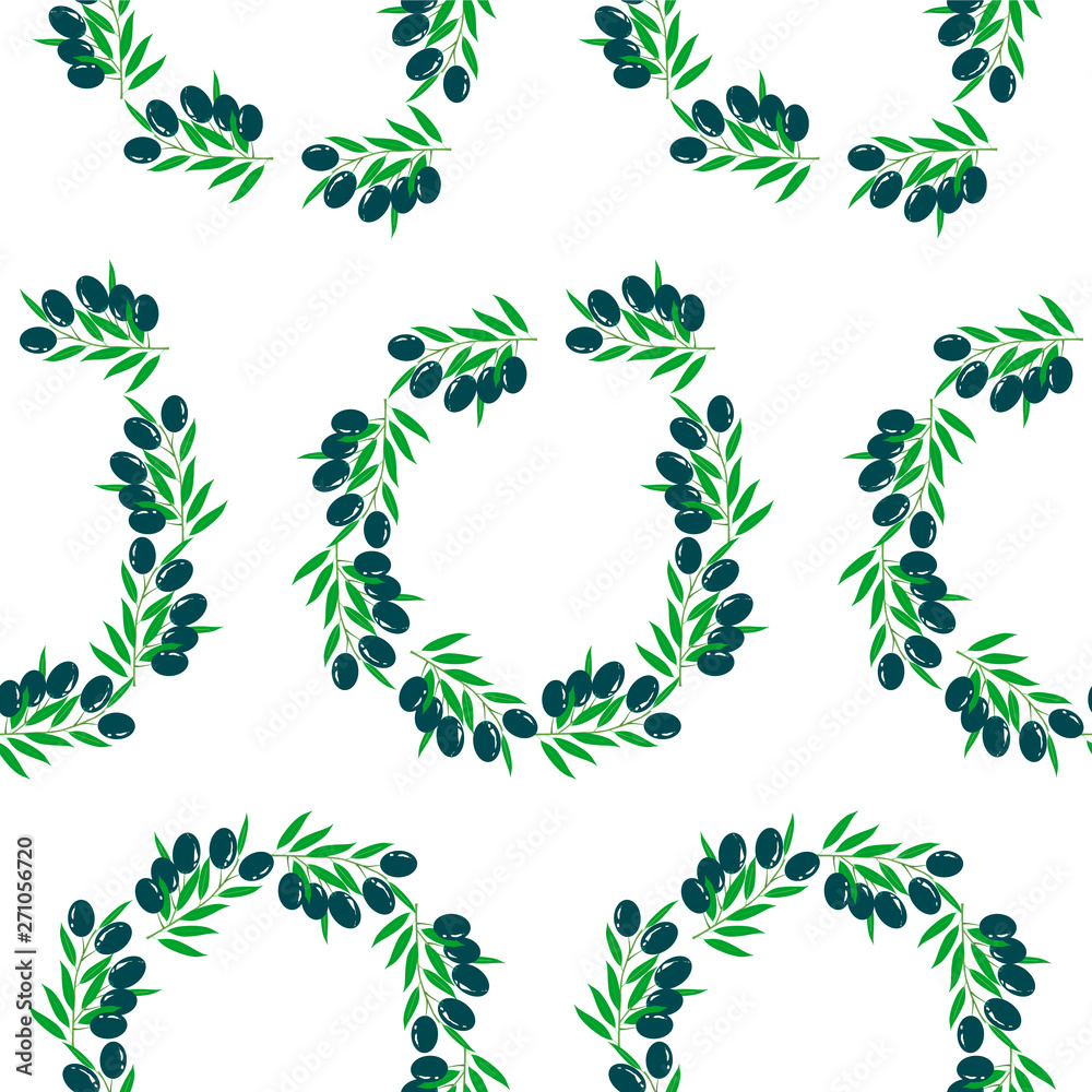 Black olive seamless pattern fruits, green leaves on white flat design element stock vector illustration for web, for print, for packaging, for product design, for tabelclouse fabric Black olive seamless pattern fruits, green leaves on white flat design element stock vector illustration for web, for print, for packaging, for product design, for tabelclouse fabric