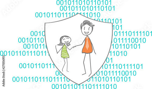 Illustration of a family in a shield on lines of code