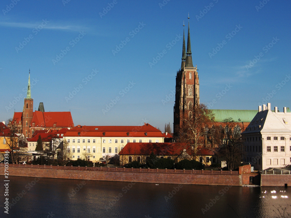 Picturesque view of the historic part of Wroclaw across the river. Poland