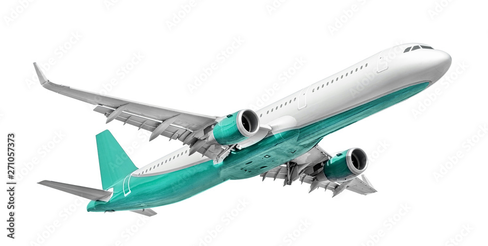 White - turquoise passenger aircraft isolated on white background (design element)