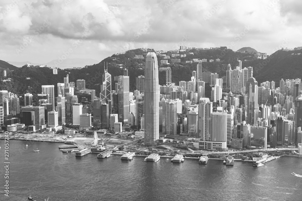 Aerial view of Victoria Harbor of Hong Kong city