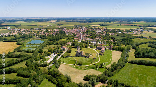 Aerial view of Maillezais abbey in the Poitevin marsh, France