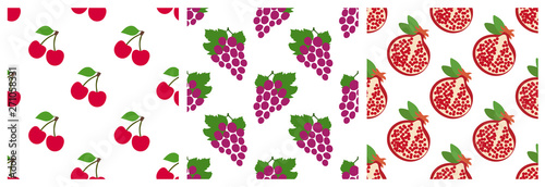 Cherry, grapes and garnet. Garden fruit and berry seamless pattern set. Fashion design. Food print for clothes, linens or curtain. Hand drawn vector sketch background collection