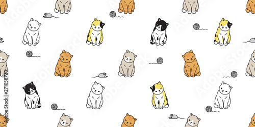 cat seamless pattern vector kitten calico yarn ball mouse rat scarf isolated cartoon tile wallpaper repeat background illustration design