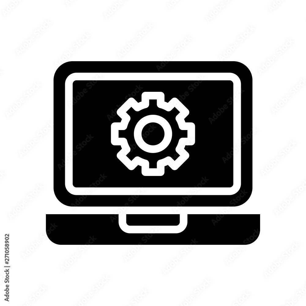 Gear icon on laptop vector, Digital marketing solid style icon Gear icon on laptop vector, Digital marketing solid style icon