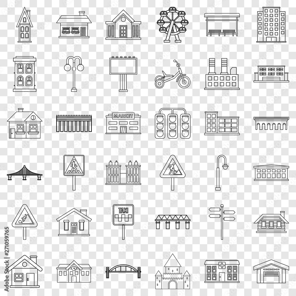 Building icons set. Outline style of 36 building vector icons for web for any design