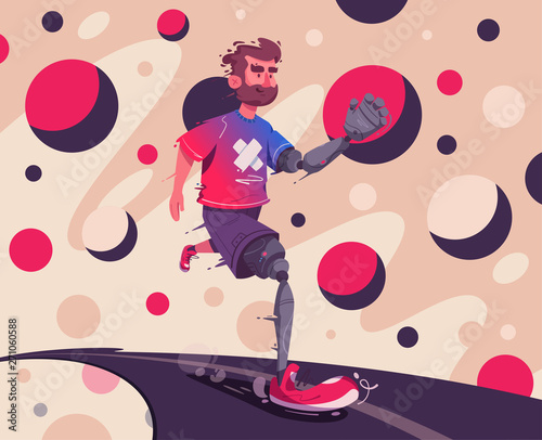 Man with a prosthesis is running. Sport concept. Cartoon vector illustration.