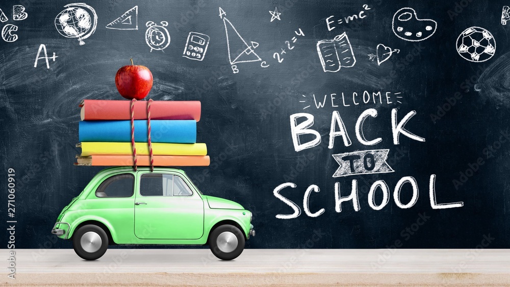 Back to school. Car delivering books and apple against school blackboard with education symbols. Back to school. Car delivering books and apple against school blackboard with education symbols.