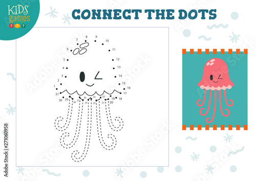 Connect the dots kids game vector illustration. Preschool children drawing activity