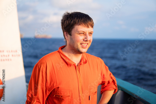 Deck Officer on deck of offshore vessel or ship. Work at sea